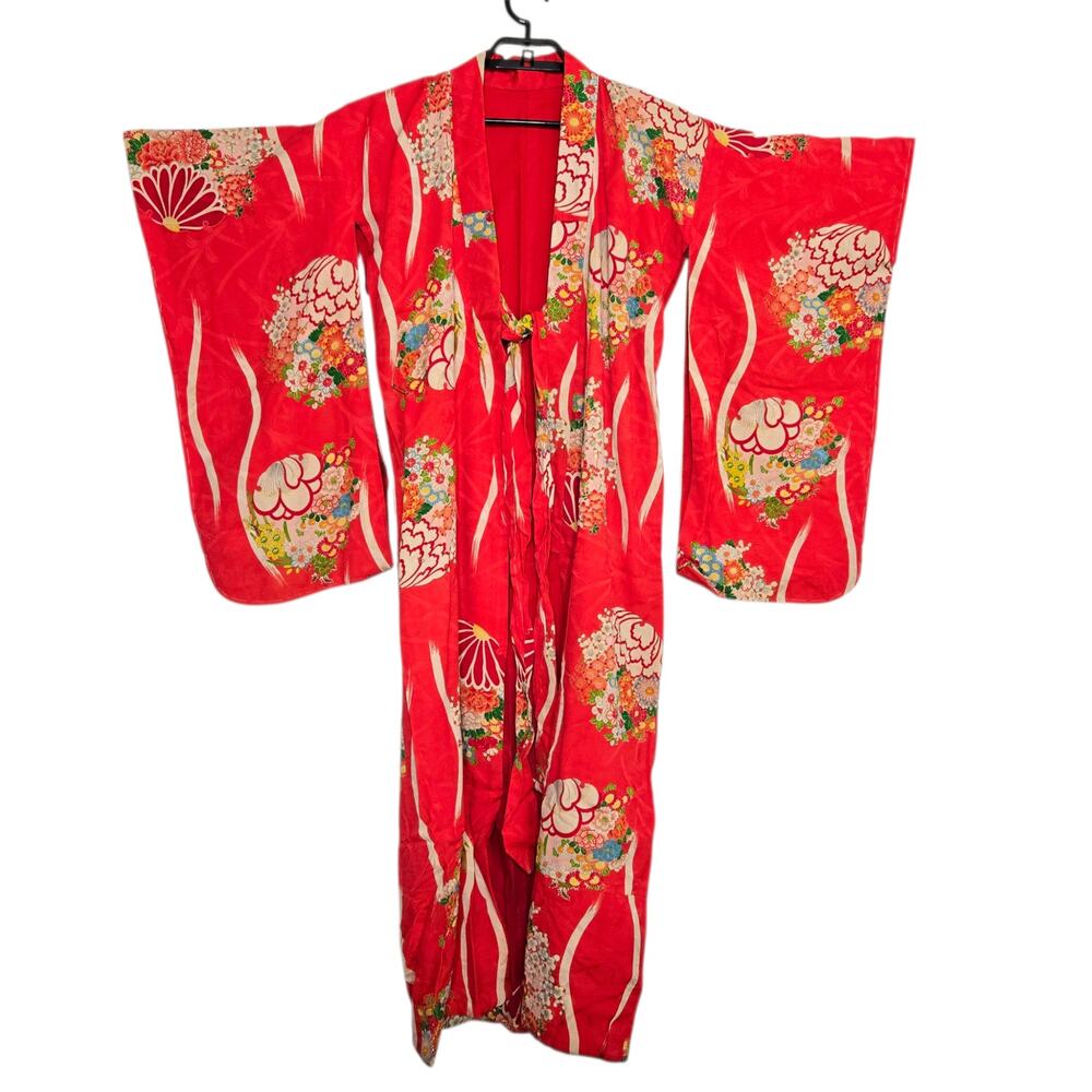 Vintage Kimono Handmade Red Printed Cotton Lined Asian Floral